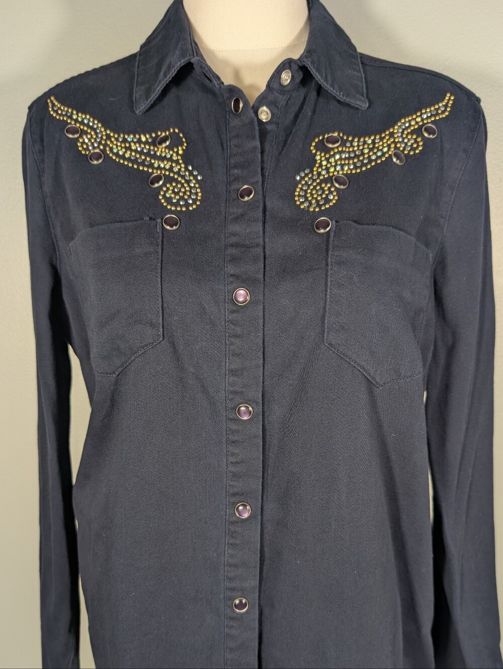 Embellished Velvet Heart Navy Western Button-Up Shirt, Sz.L